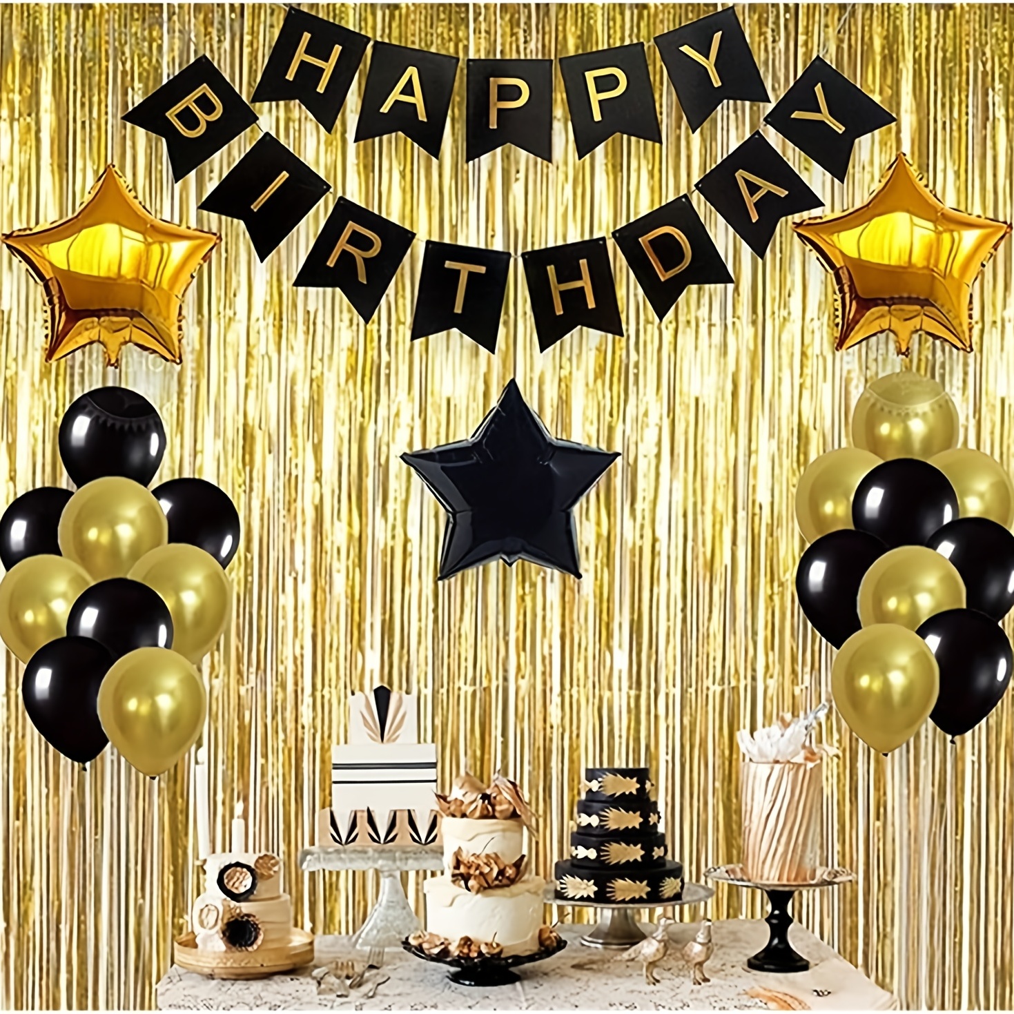 Gold Birthday Decorations - for Women Men Girls Boys,Gold White Party  Decorations Set With Birthday Banner(Pre-Strung),Gold Foil Curtains,Gold  White