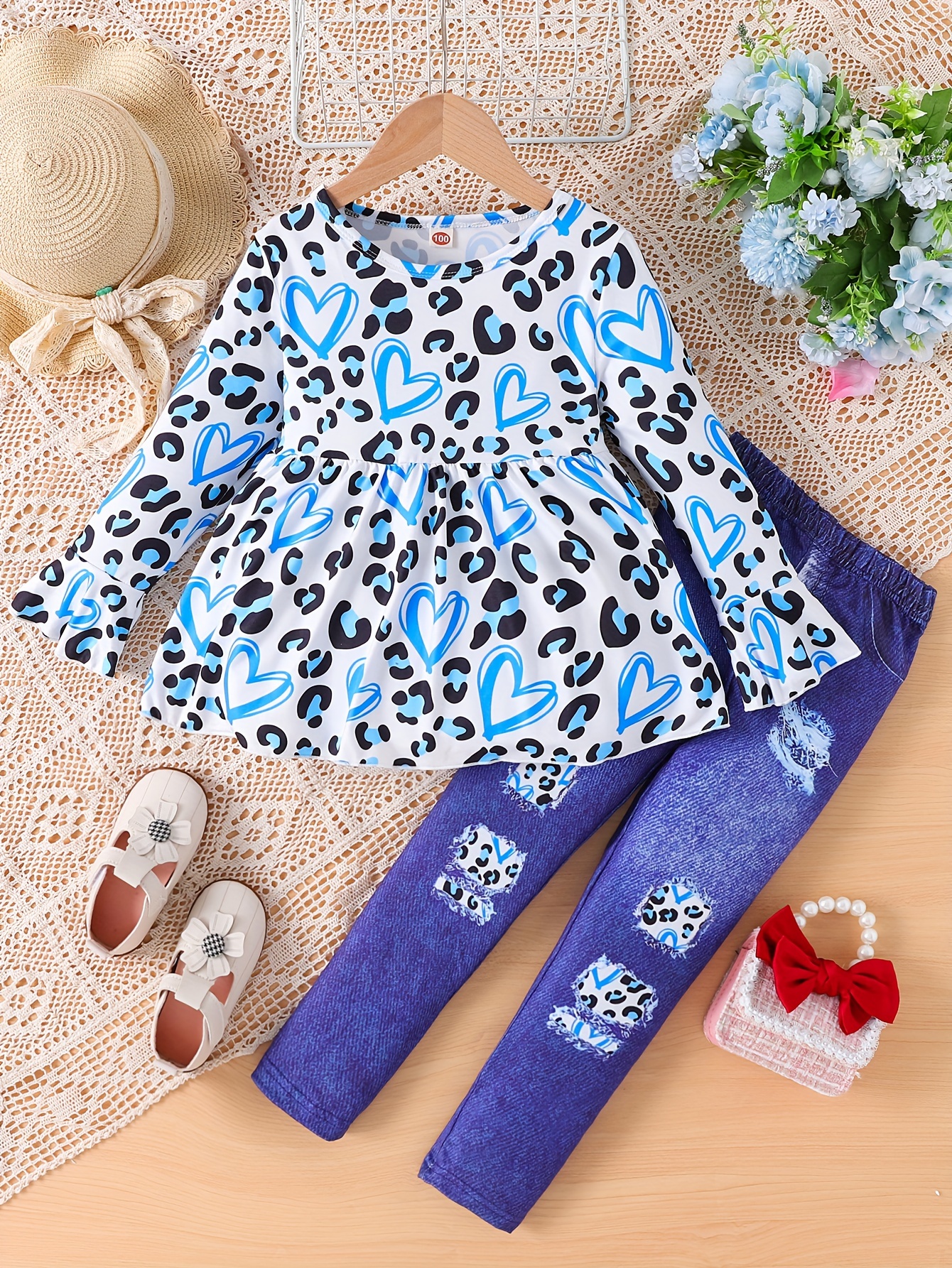 Mädchen 2-teiliges Kleid Set Mit Strickjacke - Blumendruck Für Frühling & Herbst