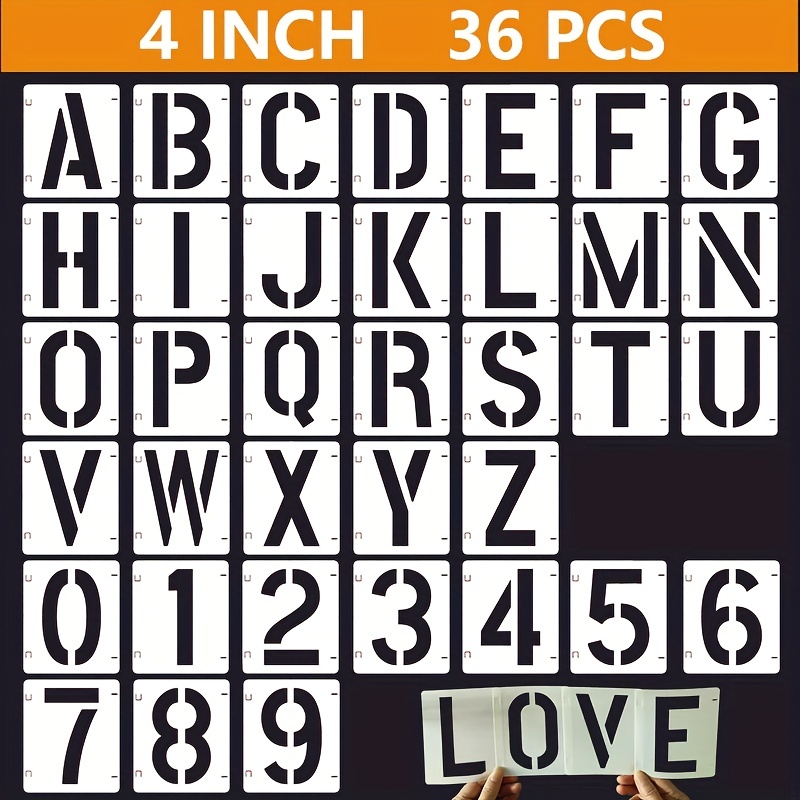 Plantillas de letras del alfabeto de 5 pulgadas, 36 plantillas  reutilizables de letras y números, plantillas de plástico del alfabeto,  plantillas de