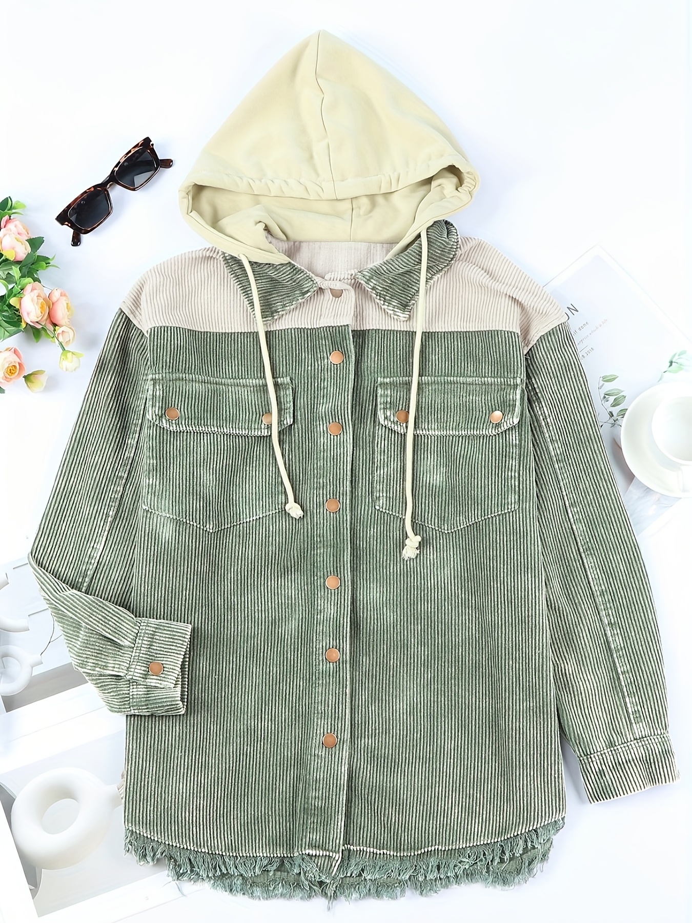 Corduroy color block drawstring hooded clearance jacket