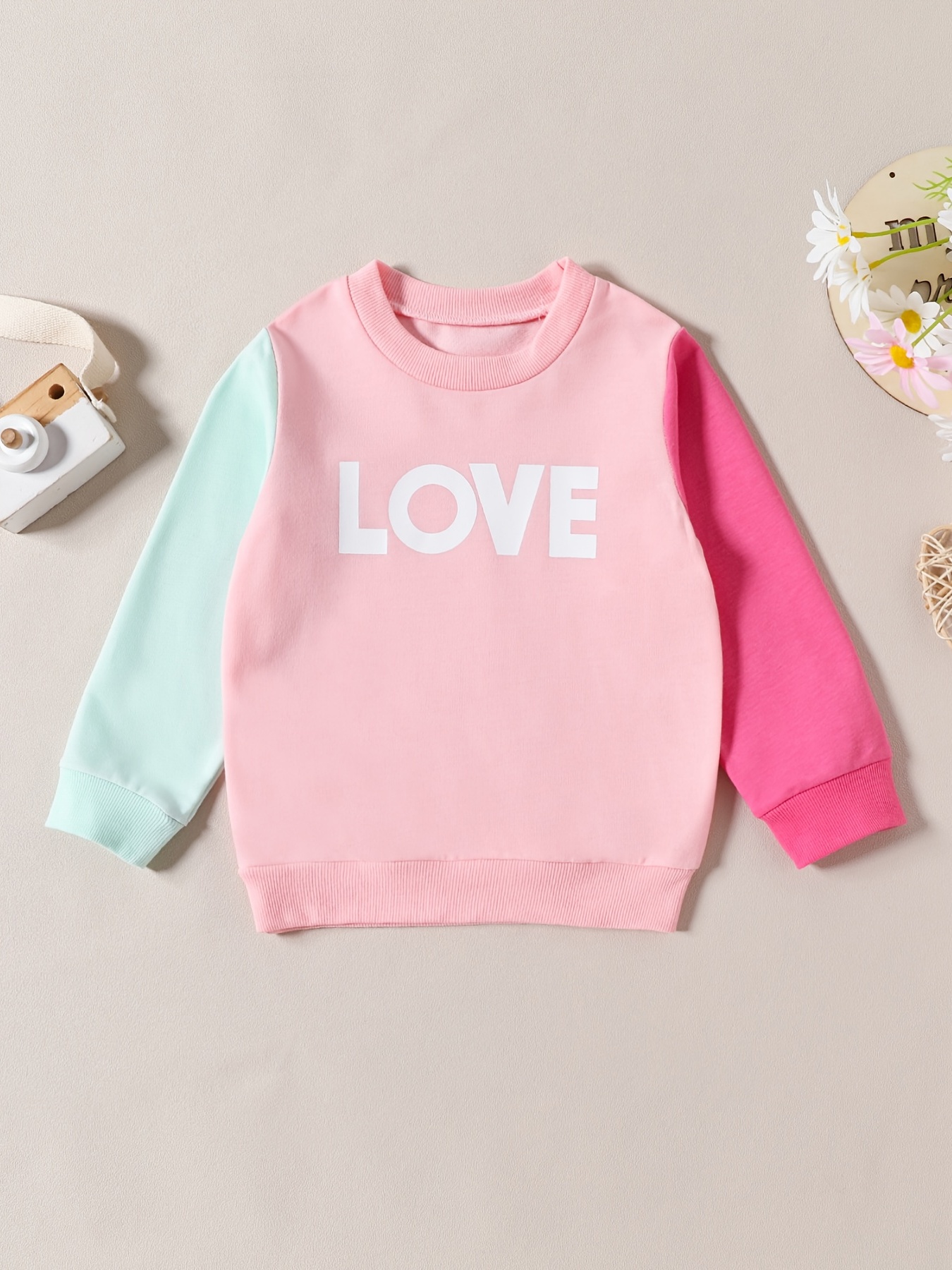 Girls Casual Cute Color Block Crew Neck Pullover Sweatshirt With 