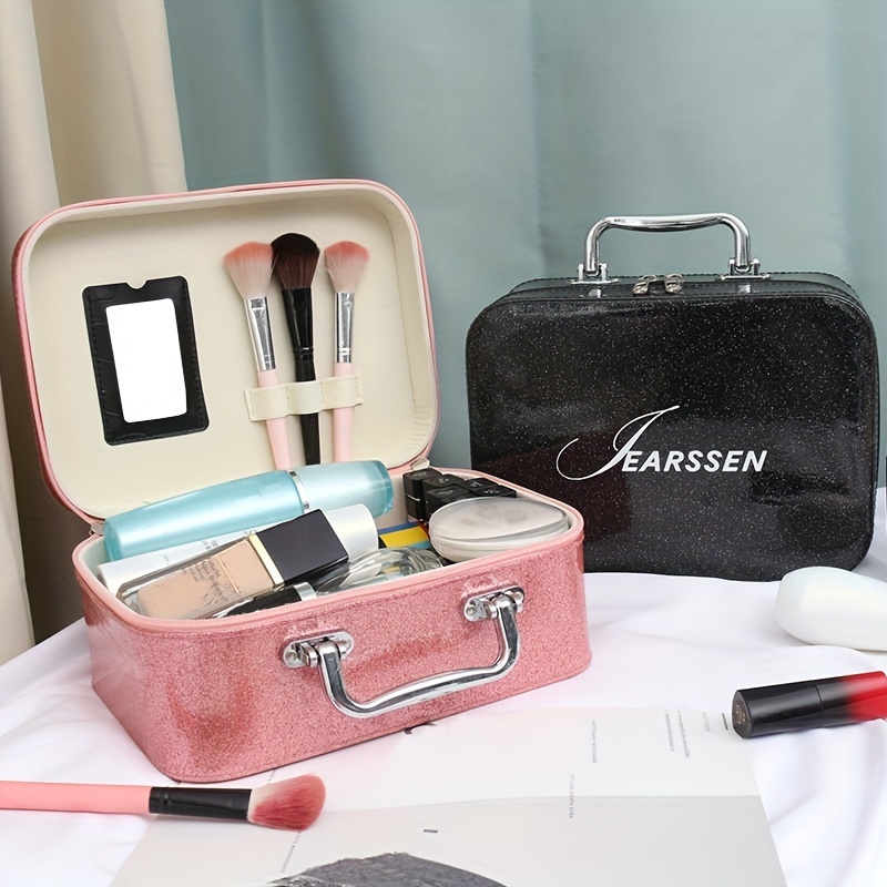 Glitter Leather Makeup Bag Organizer with Mirror Brush Holder
