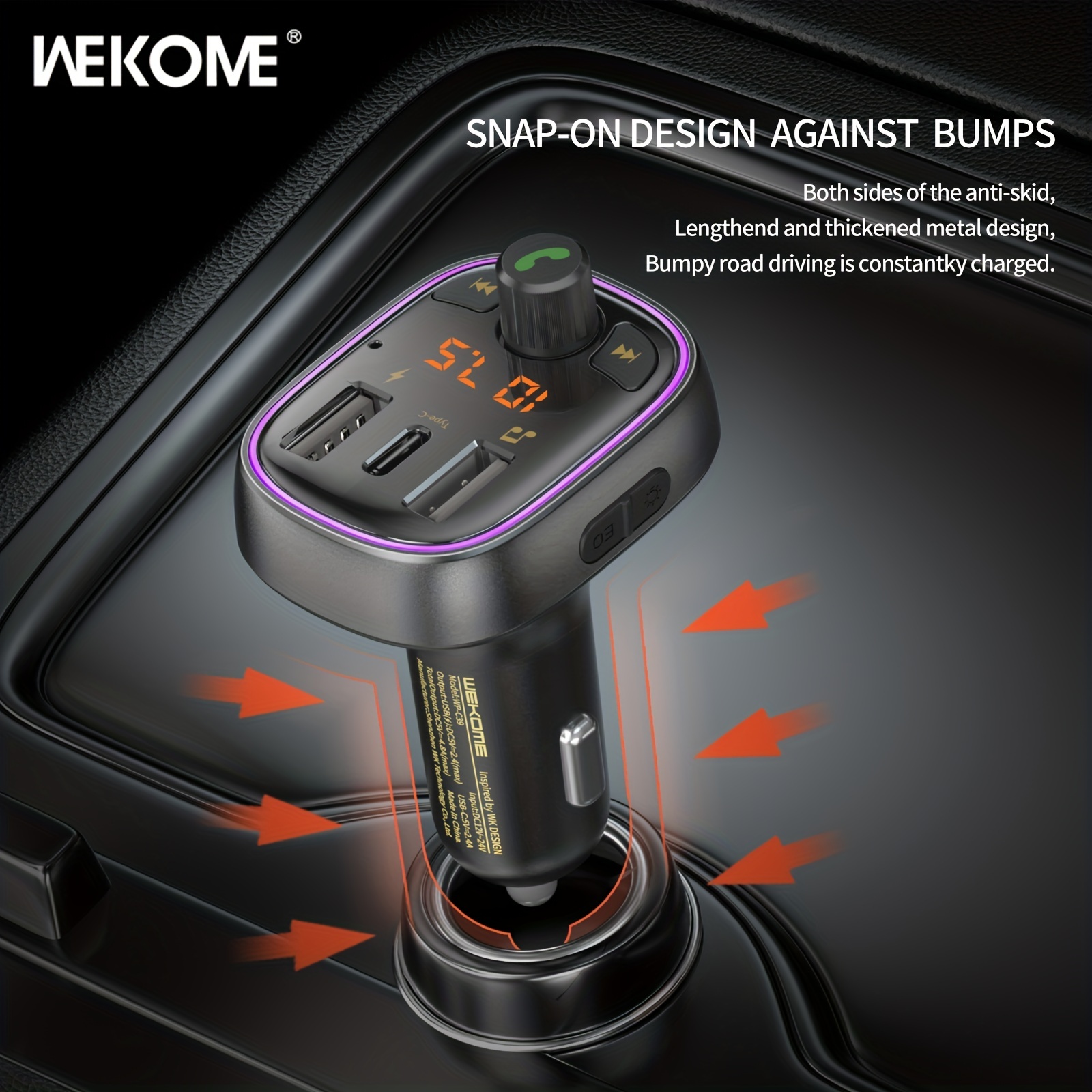 Wekome Car Charger, Car Cigarette Lighter Charger, Wireless Bt 5.1, Mp3  Music Player, Led Colorful Light Strip, Hands-free Calling Support, Tf  Card, Usb Music Connection, Type-c And Usb Fast Charging - Temu