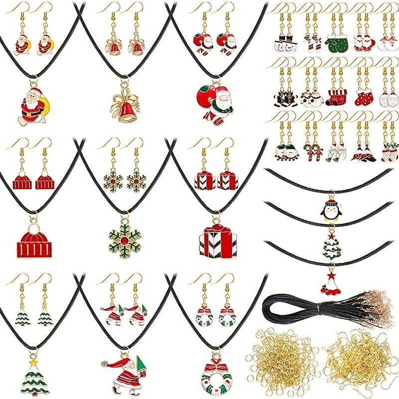 170/340pcs Christmas Jewelry Set  For Jewelry Making With 30/50 Christmas Charms 30/50 Ear Hooks 10/20 Ropes 100/220 Jump Rings For Necklace Bracelet Earring Christmas DIY Crafts