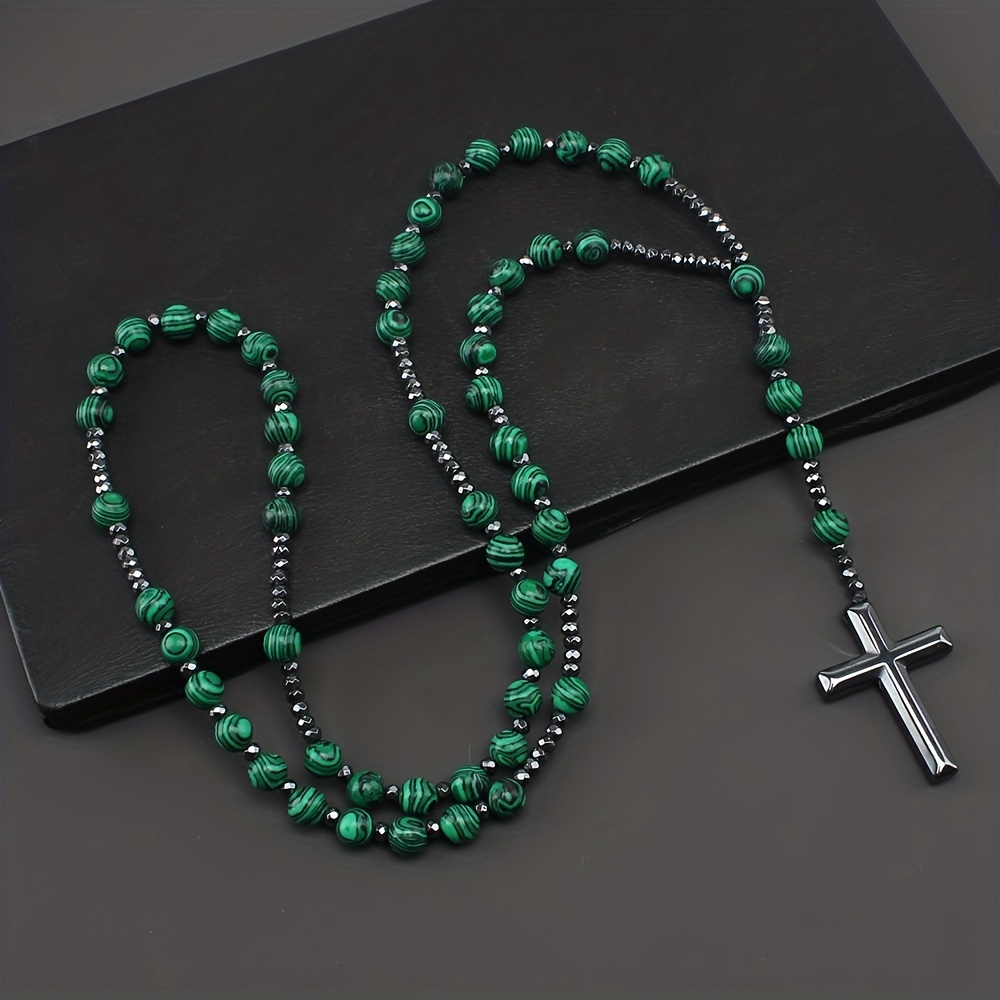 

1pc Fashion Retro Style Jewelry, Natural Stone Round Beads Malachite Hematite Cross Religious Rosary Beads Men's Long For Daily Wear