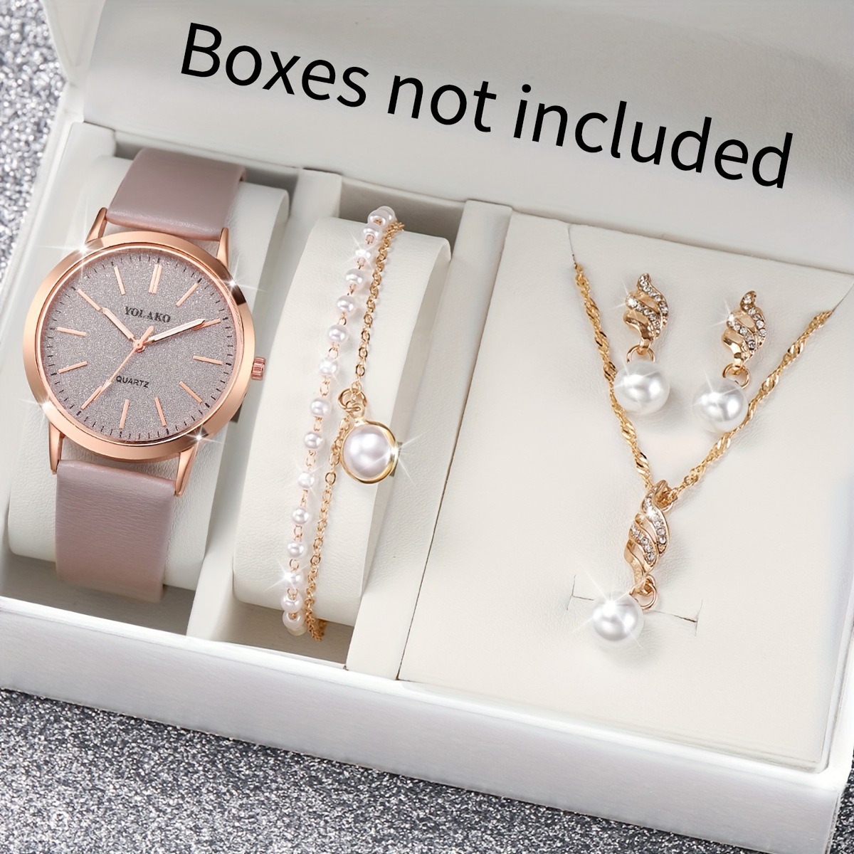 

5pcs/set Women's Shiny Rhinestone Quartz Watch Analog Pu Leather Wrist Watch & Faux Pearl Jewelry Set, Gift For Mom Her