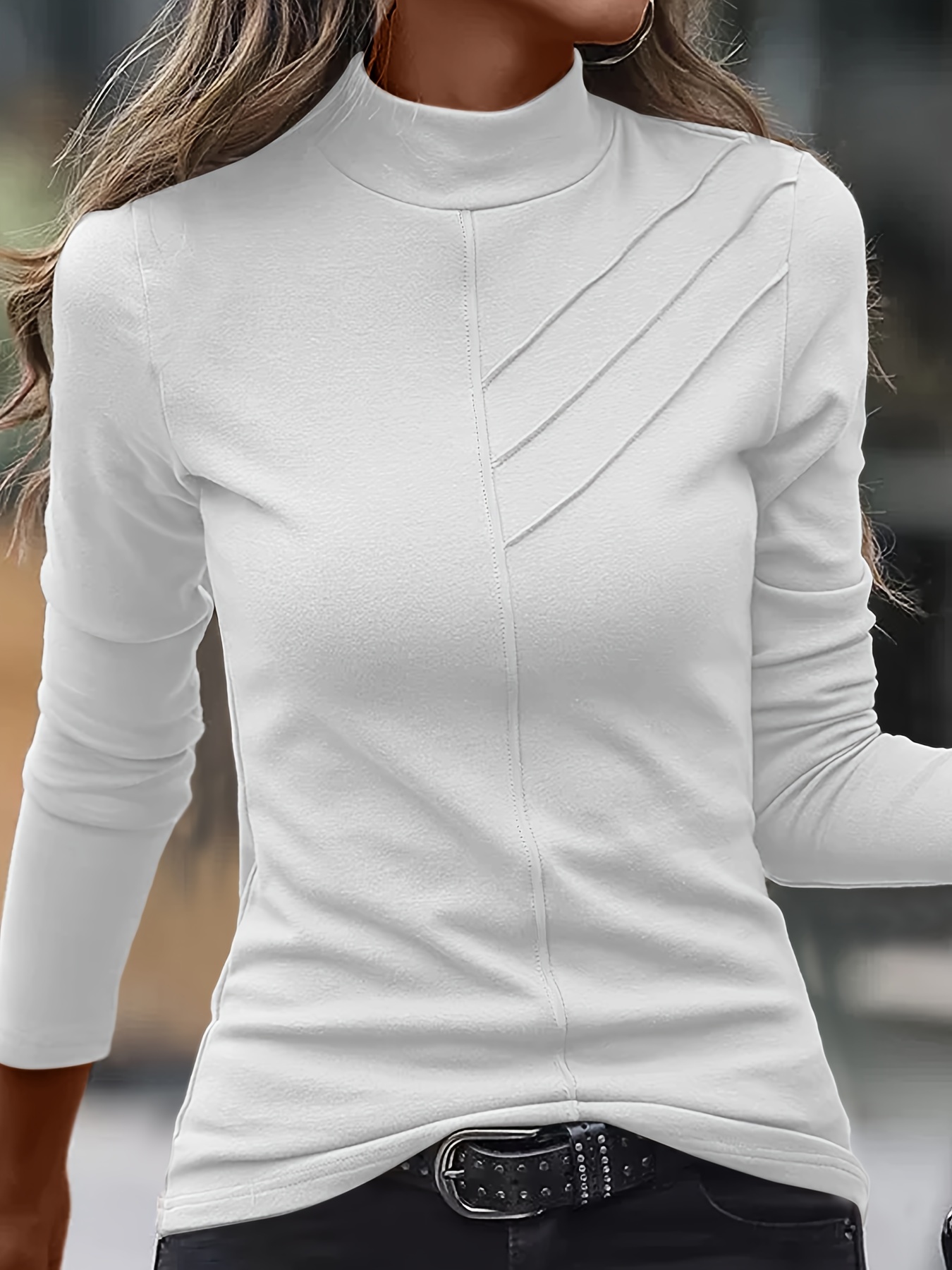 Solid Mock Neck T-Shirt, Casual Long Sleeve Top For Spring & Fall, Women's  Clothing