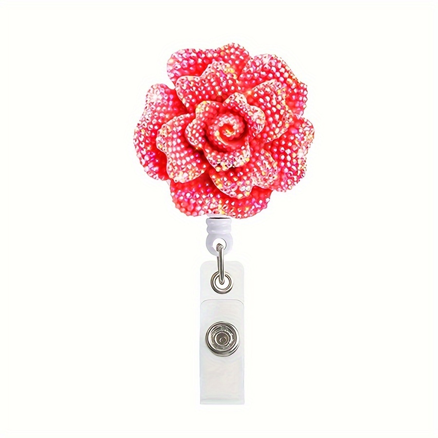 Resin Shiny Flower Retractable Name Badge Reel With Revolving Alligator Clip 3D Rose Bling Rhinestone Rotating ID Buckle Nurse Scroll Badge Easy