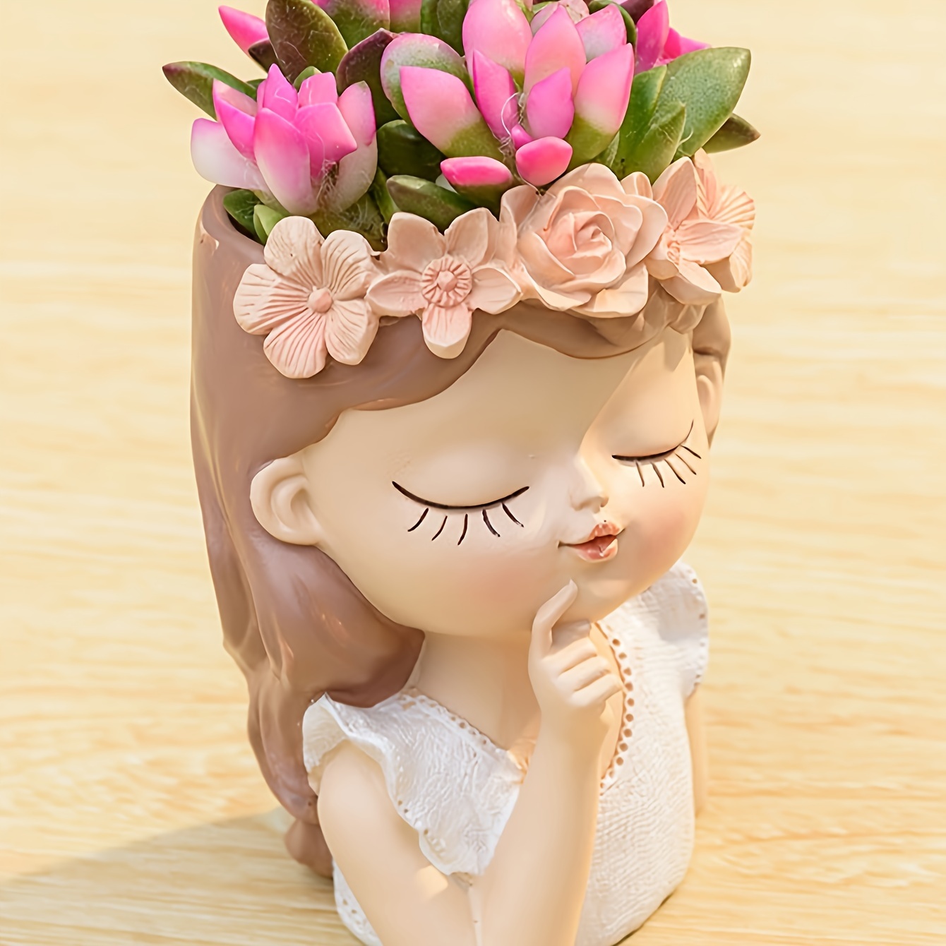 

1pc, Fairy Resin Planter, Cute Flower Vase Decor, Plant Pot With Floral Crown, Tabletop Decor, Home Decor, Room Decor, Whimsical Indoor Garden Accessory