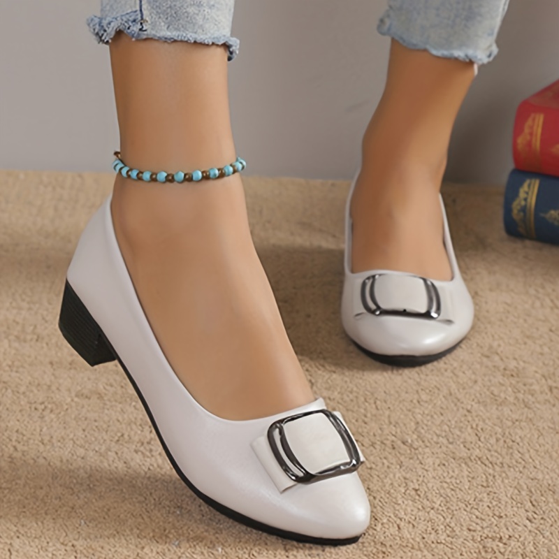 Tacones Bajos Gruesos Color Sólido Mujer Elegantes Zapatos - Temu