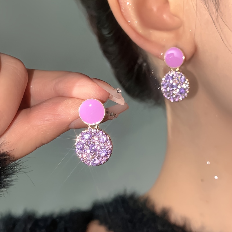 

Round Shape Full Shiny Rhinestone Inlaid Dangle Earrings Elegant Simple Style Alloy Jewelry Delicate Female Ear Ornaments