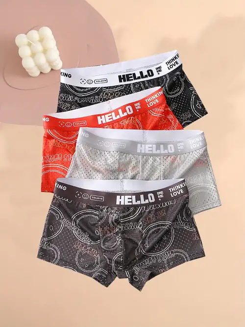 Men's 'hello' Print Casual Low Waist Boxers Briefs Cotton - Temu