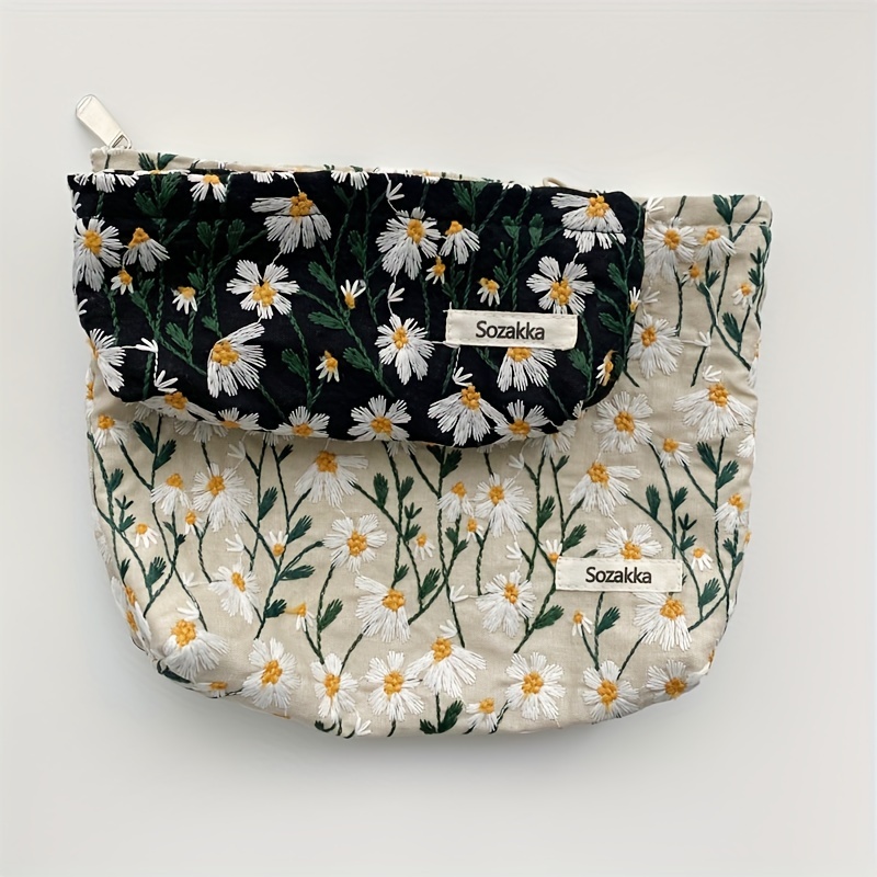 Sweet Flower Embroidered Makeup Bag Portable Zipper Toiletry - Temu