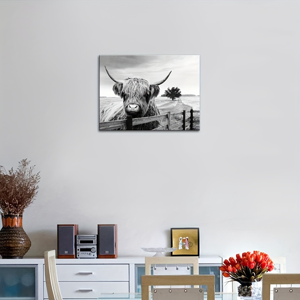 ハイランド牛キャンバス 白黒風景牧場毛牛動物ウォールアート 写真