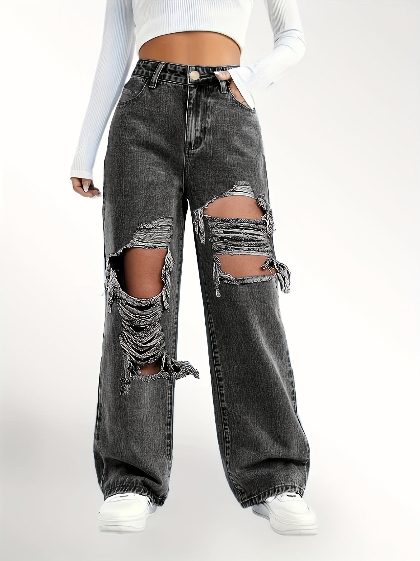 Ripped Straight Leg Loose Fit Jeans High Wide Legs - Temu