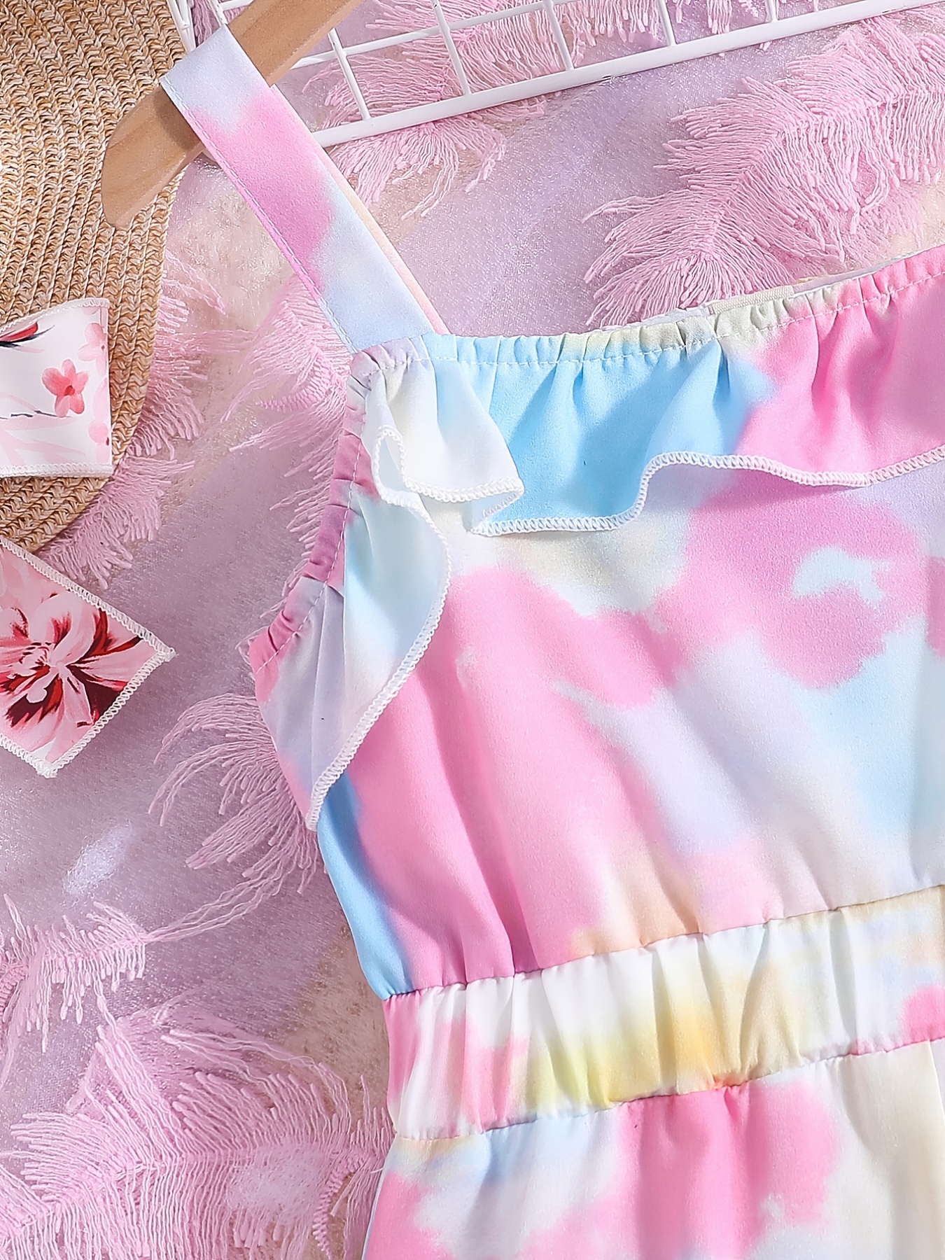 Toddler Girls Tie Dye Ruffle Trim Cami Romper