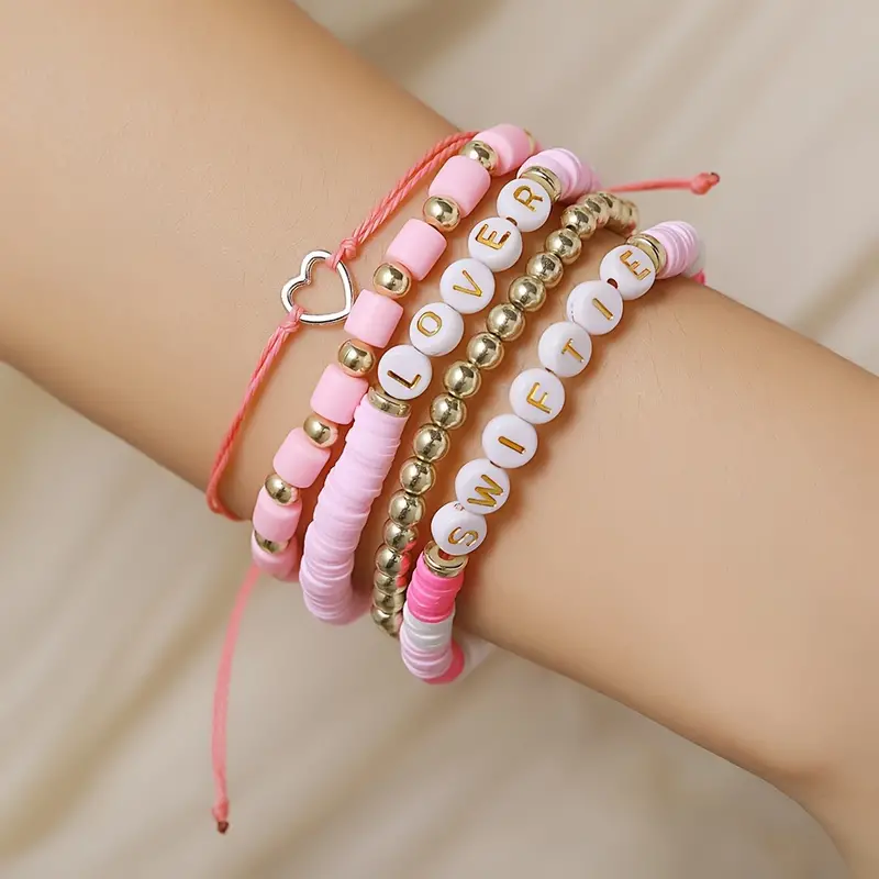 5pcs Soft Clay Beads Beaded Bracelet Set Boho Style Elegant Adjustable Friendship Hand String for Music Lovers Fans,Temu