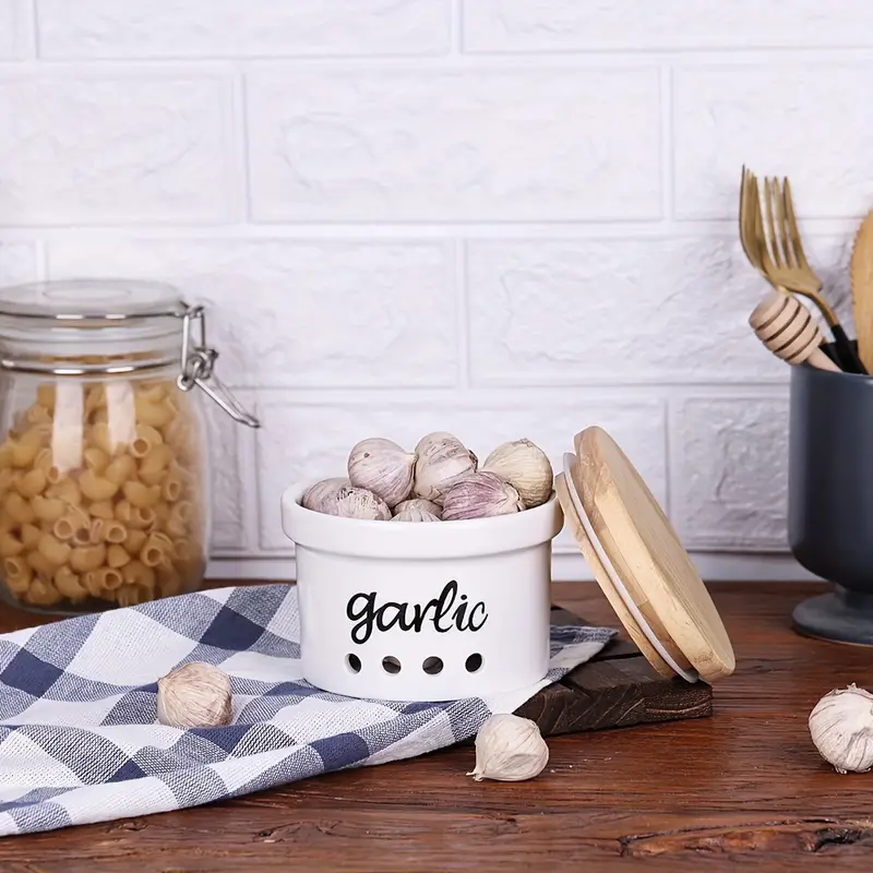 Garlic Keeper With Wood Lid, Small Ceramic Garlic Keeper Storage
