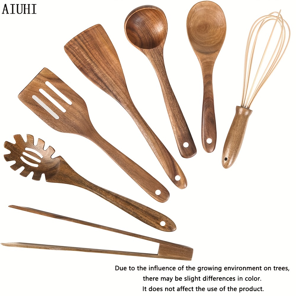 TKINGOP Juego de 9 cucharas de madera para cocinar hechas a mano de madera  de teca natural para cocinar con soporte y soporte para cucharas, juego de