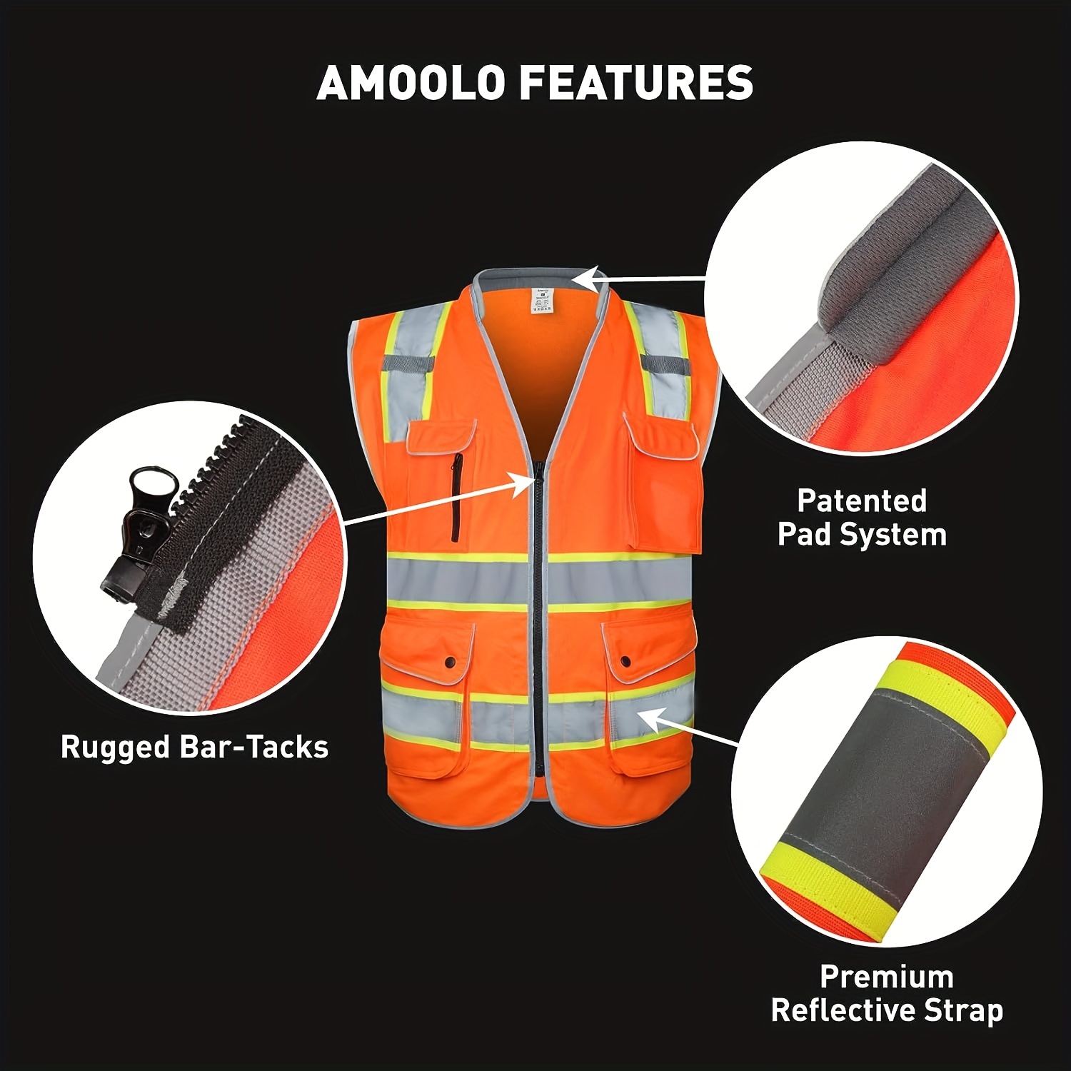 Amoolo High Reflective Safety Vest Class 2 With 9 Pockets And Zipper Front,  Yellow Color Triming Reflective Strip, Meet ANSI/ISEA 107 Standards