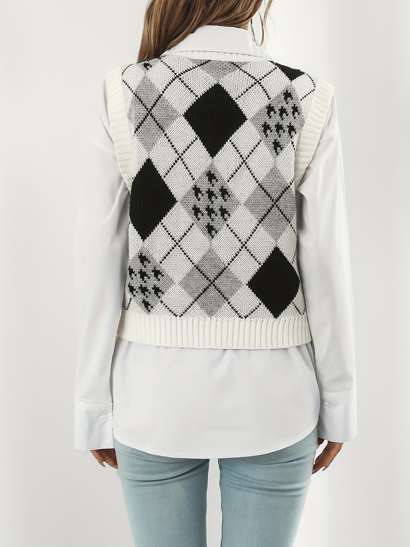 Suéter de mujer con cuello en V Argyle Plaid Knit Sweater Chaleco