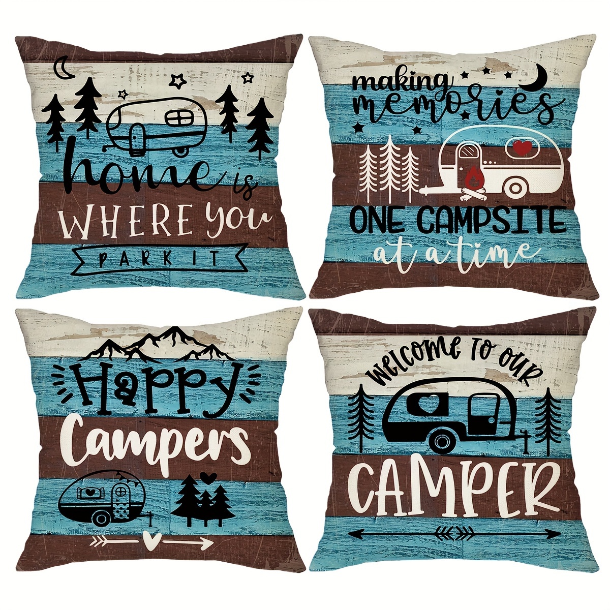 

4pcs Printed Throw Pillow Covers, 18*18inch Farmhouse Style Welcome To Our Camper Decor Cushion Cases, For Porch Patio Couch Sofa Living Room Outdoor, Without Pillow Inserts