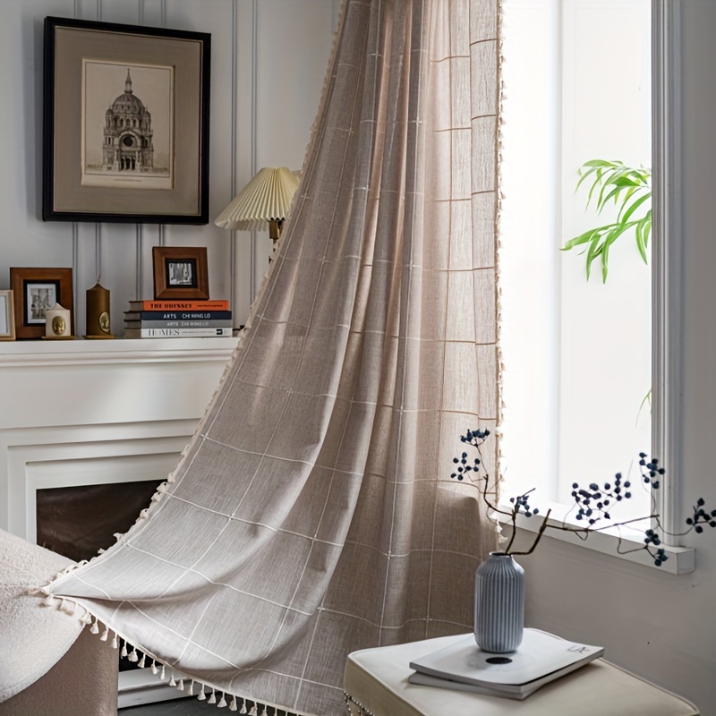 Cortina oscura de lino de algodón a cuadros bordada, cortina semiopaca de  granja Vhermosa BST3010994-4