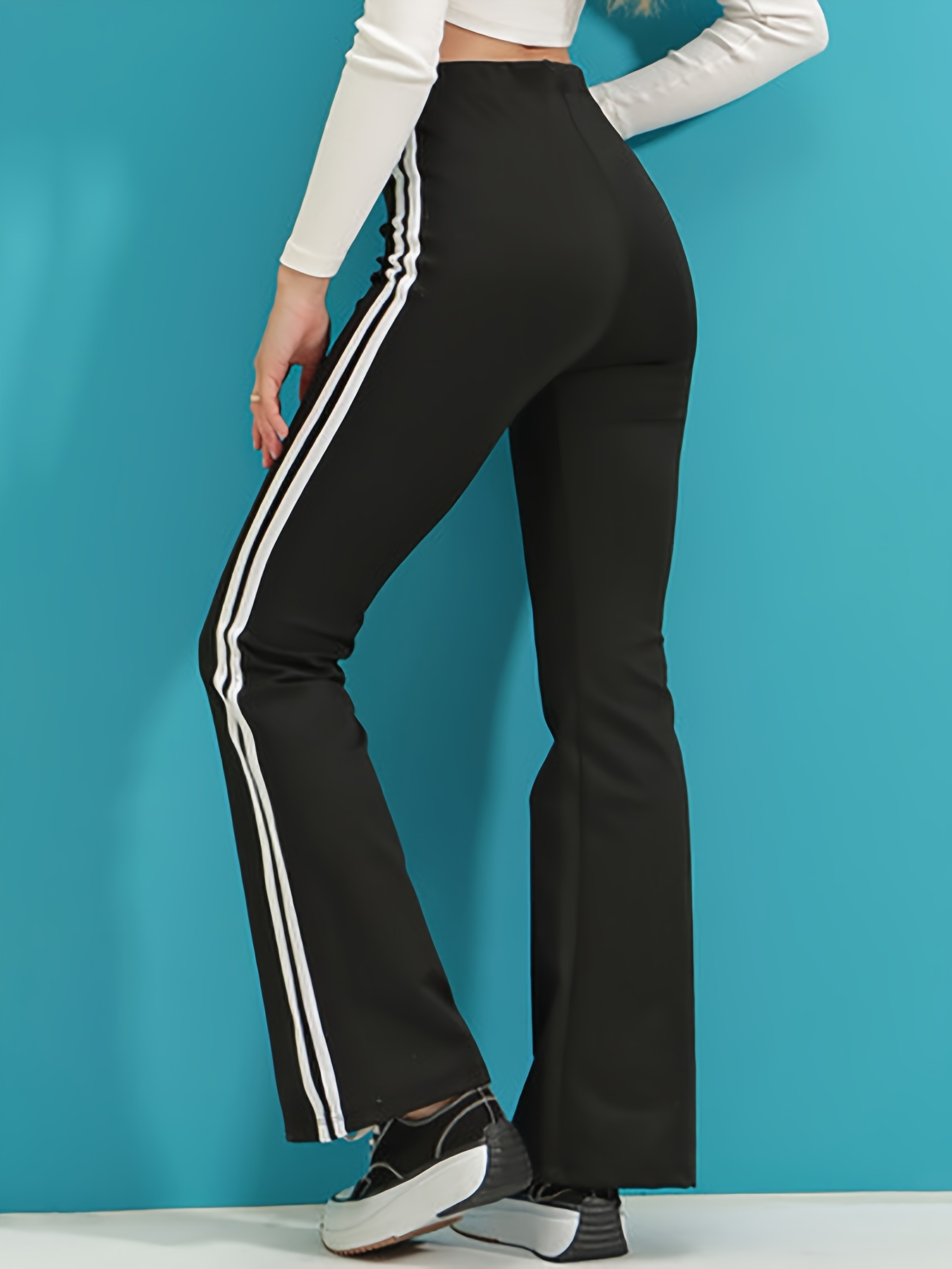 Striped Print Flared Leg Pants Casual High Waist Butt - Temu Canada