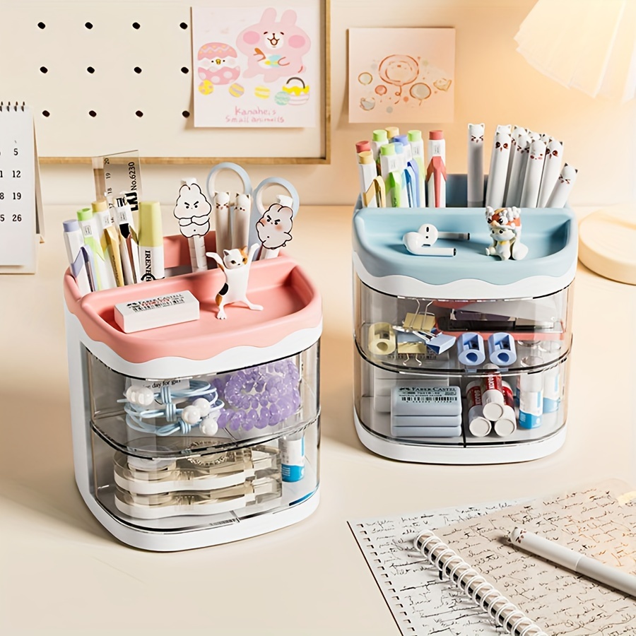 

Large-capacity Rotating Desk Organizer With Drawers - Multifunctional Pen Holder & Makeup Brush Storage, Durable Abs Plastic Desk Drawer Organizer Pen Organizer Storage For Desk