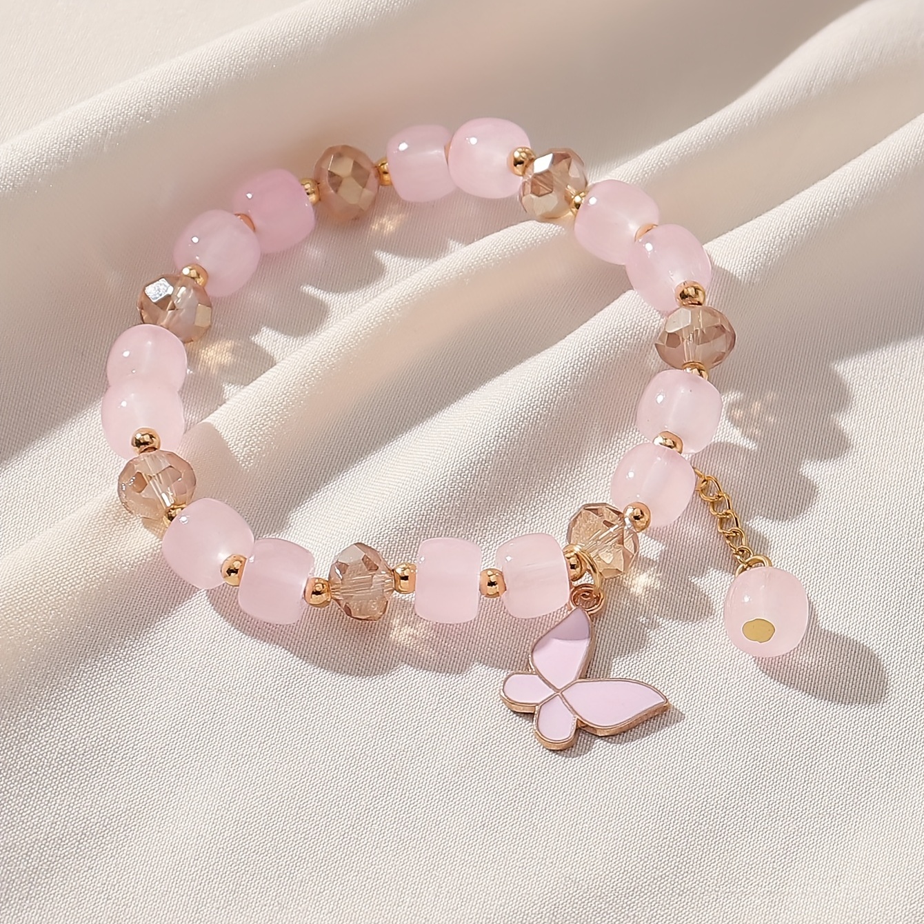 Pink Clear Rhinestone Butterfly Charm Beaded Bracelet Stackable Stretch