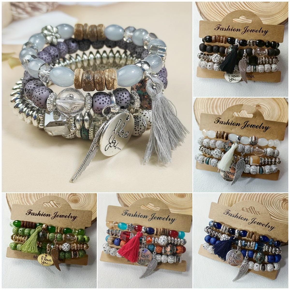 

4pcs/set Bohemian Wing Round Tassel Multilayer Glass Beads Retro Bracelet For Women Leisure Vacation Decor Jewelry Gift