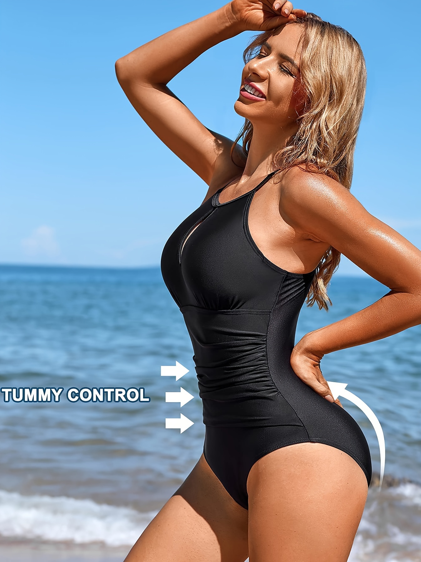 Keyhole Neckline Ruched Tummy Control Swimsuit - Temu Canada