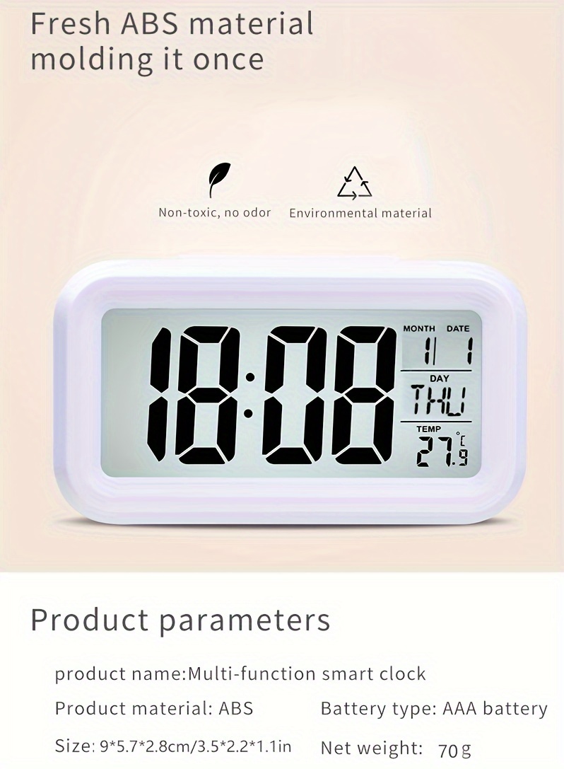 1pc Mini Digital Travel Alarm Clock,LCD Design Indoor Thermometer  Hygrometer,Music Alarm,Calendar Display,12/24H,Snooze Backlight for  Bedside,2*AAA Batteries Operated (Not Included)