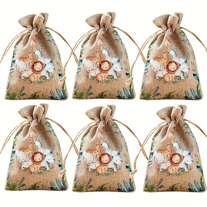 

Set Of 6 Linen Fabric Gift Bags With Drawstring - Cartoon Jungle Animals Theme For Birthday And Wedding Party Favors - 100% Linen Precut Pouches For Candy And Goodies - Machine Washable