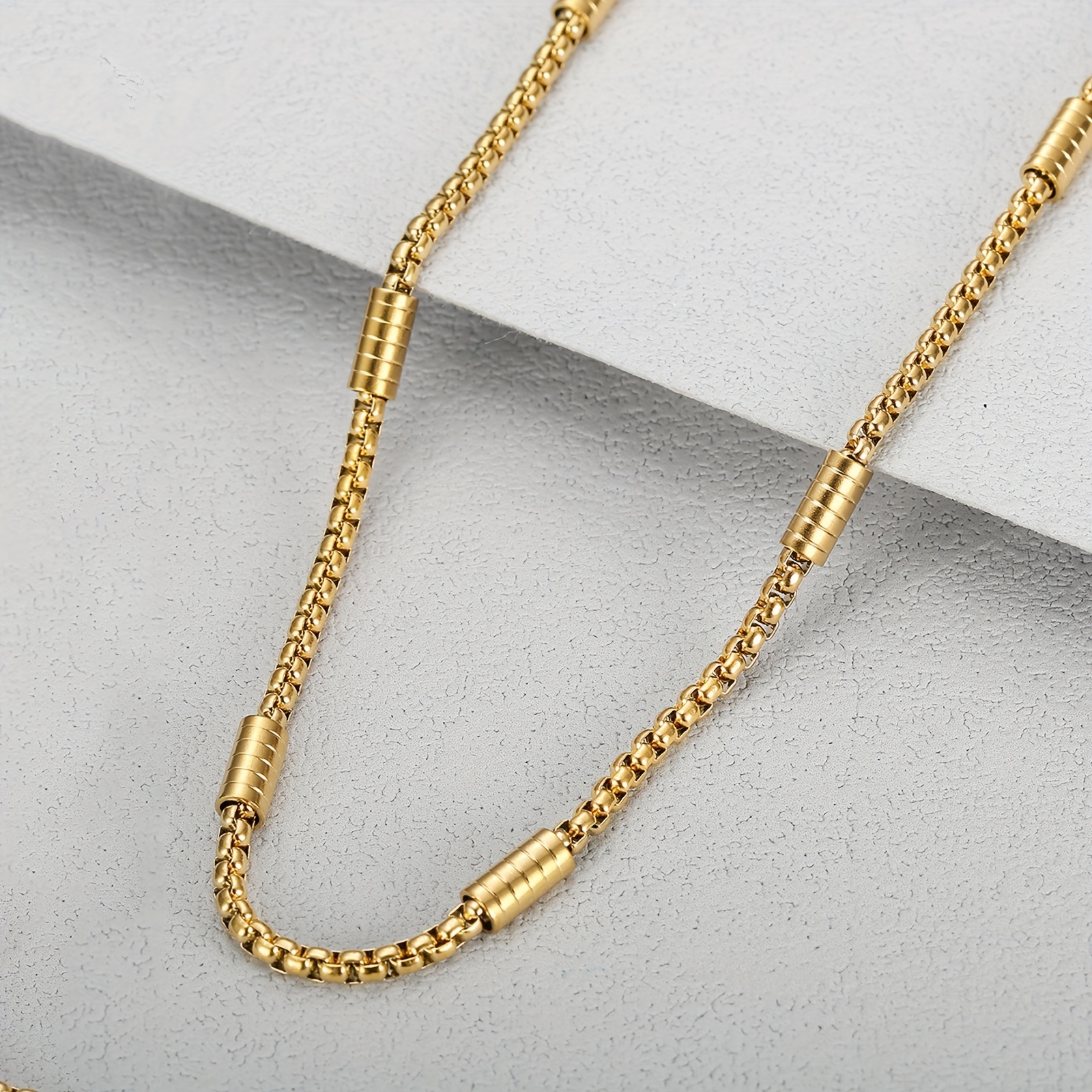 1pc Men's 304 Stainless Steel Cuban Chain With Bamboo Rayon Striped Beads - Square Bars, Hip-hop Suitable For Daily Wear, Parties, Gifts (cuban Link Chain, Bamboo Rayon Beads)