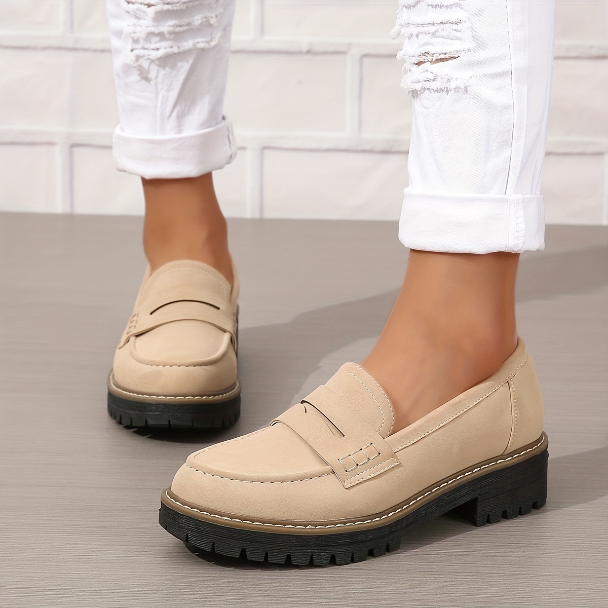 Women s Chunky Loafers Retro Solid Color Round Toe Slip - Temu Canada