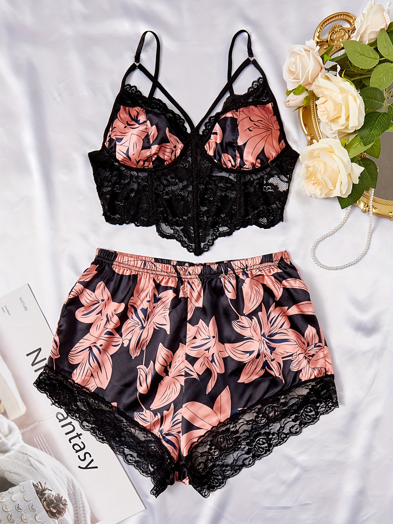 Sexy Lingerie Ruffle Hem Cut Out Bralette with Short Satin Pajamas