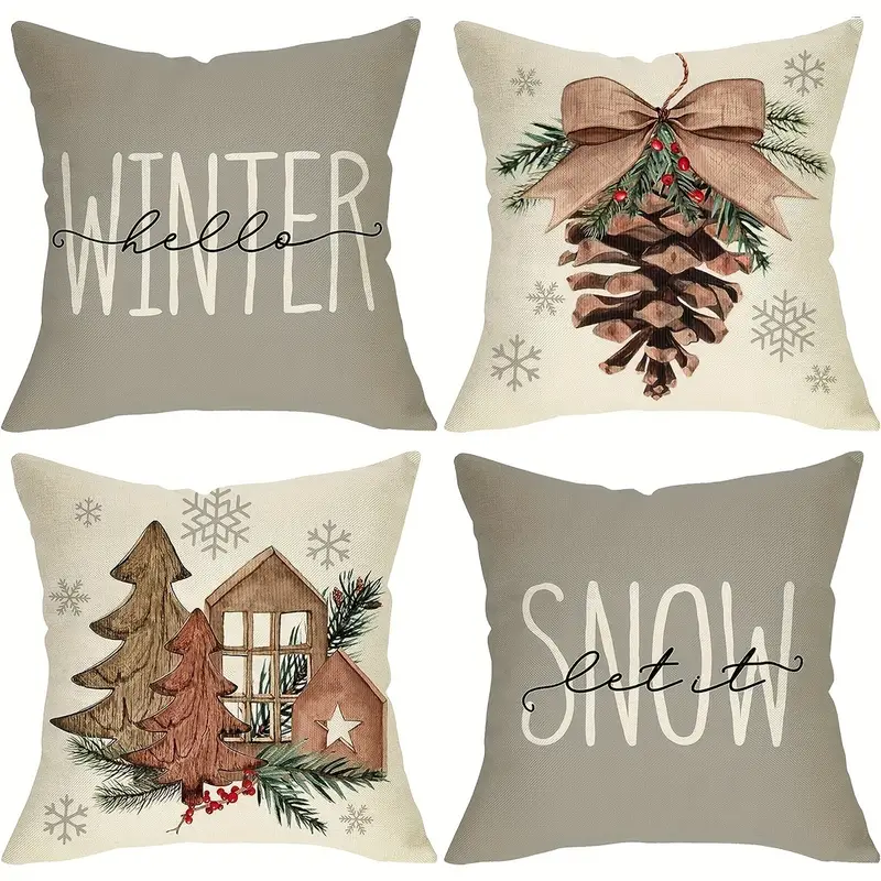 Winter Pine Cone Decorative Throw Pillow Cover, Wooden Christmas