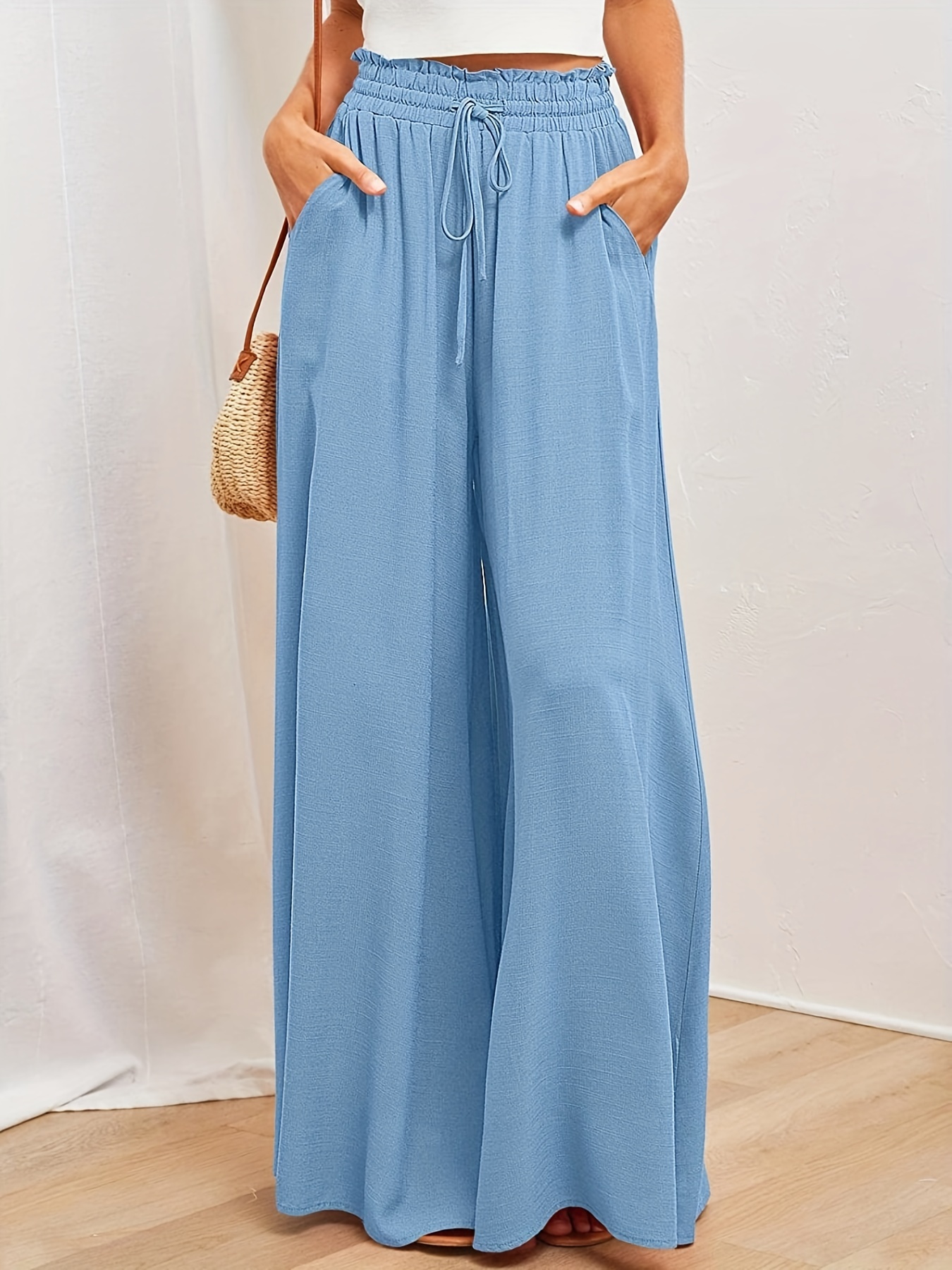 Palazzo Pants for Women High Waisted Drawstring Ruffle Hem Wide Leg Pants  Solid Loose Comfy Flowy Beach Trousers 