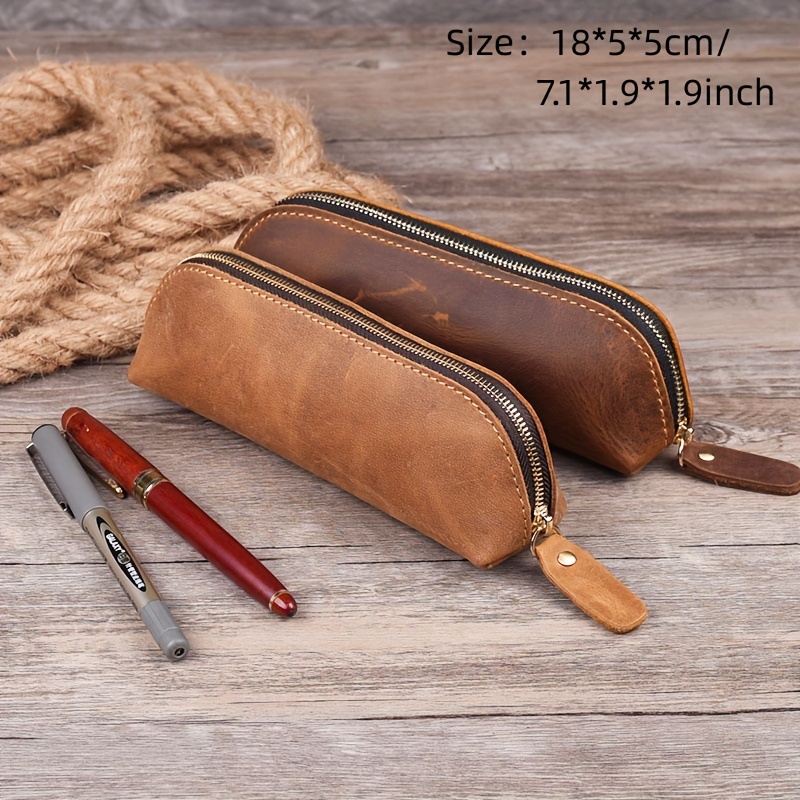 Crazy Horse Leather Pen Pouch Zipper Pencil Case Stationery Storage Pen Bag