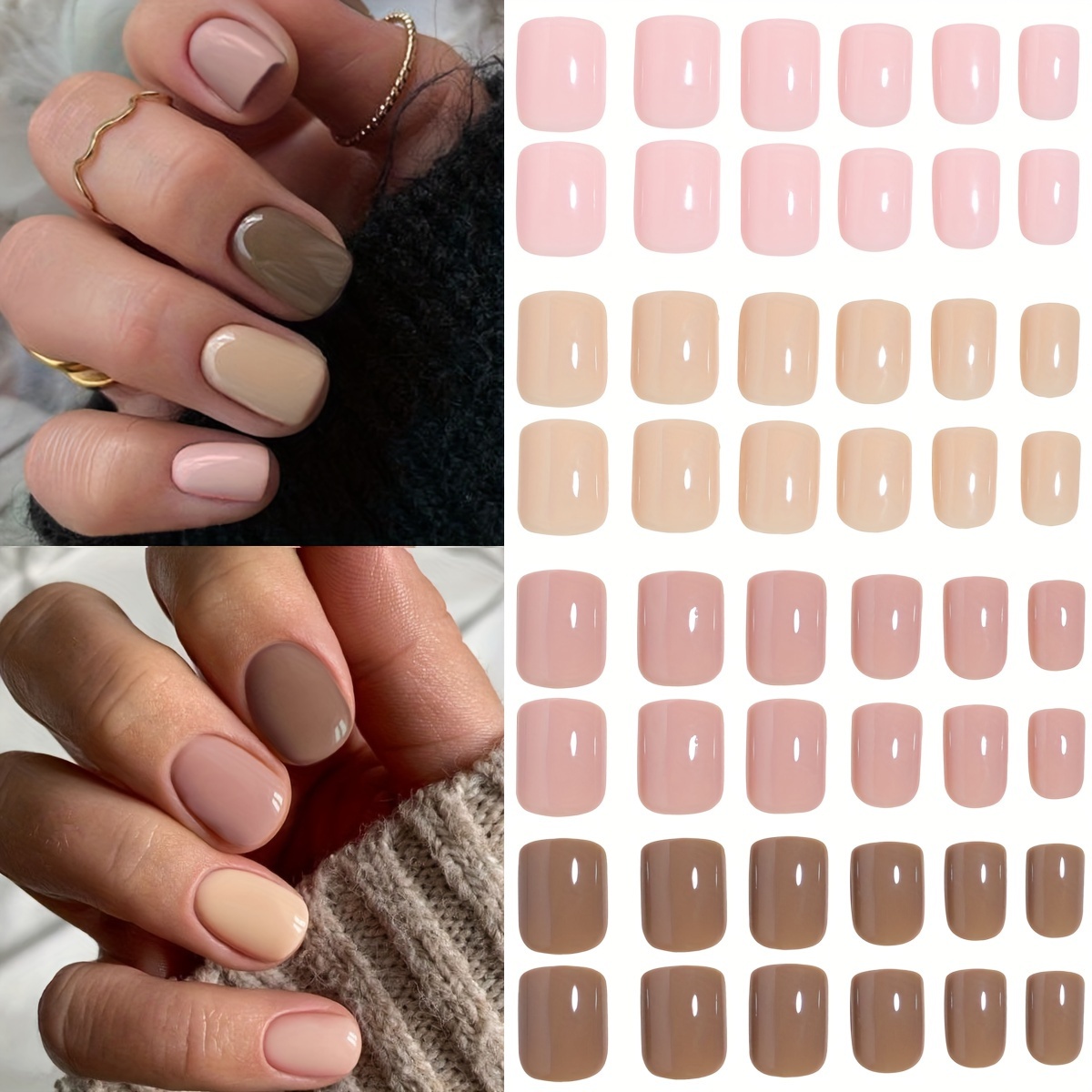 

96pcs 4 Different Nude Colors Glossy Wearable Nail Art Lovely Short Square Fake Nails Detachable Finished False Nails Press On Nails With Storage Box New Year Nail Decorations For Women And Girls