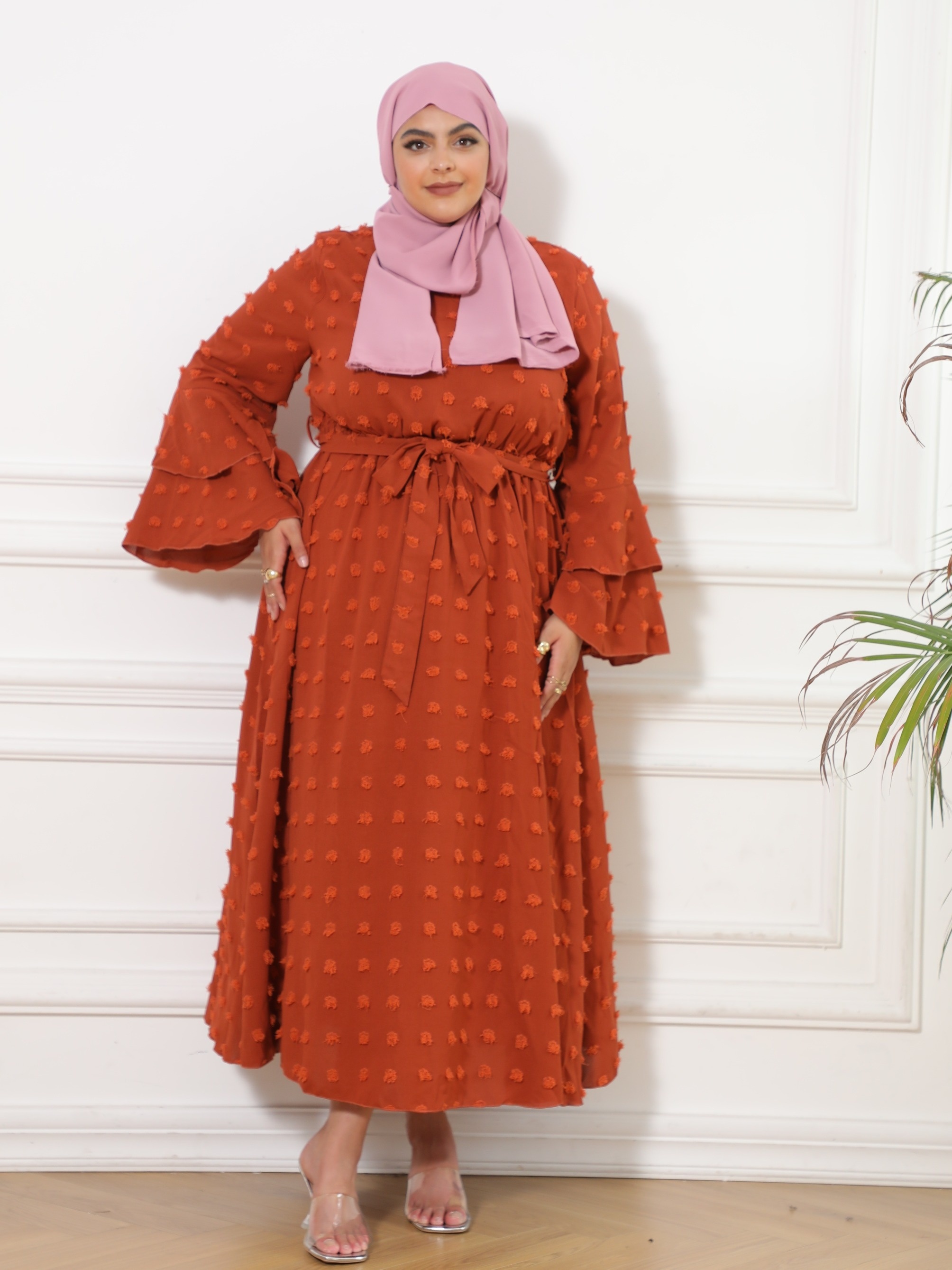 ramadan plus size casual modest dress womens plus solid swiss dot bell sleeve v neck maxi dress with without hijab