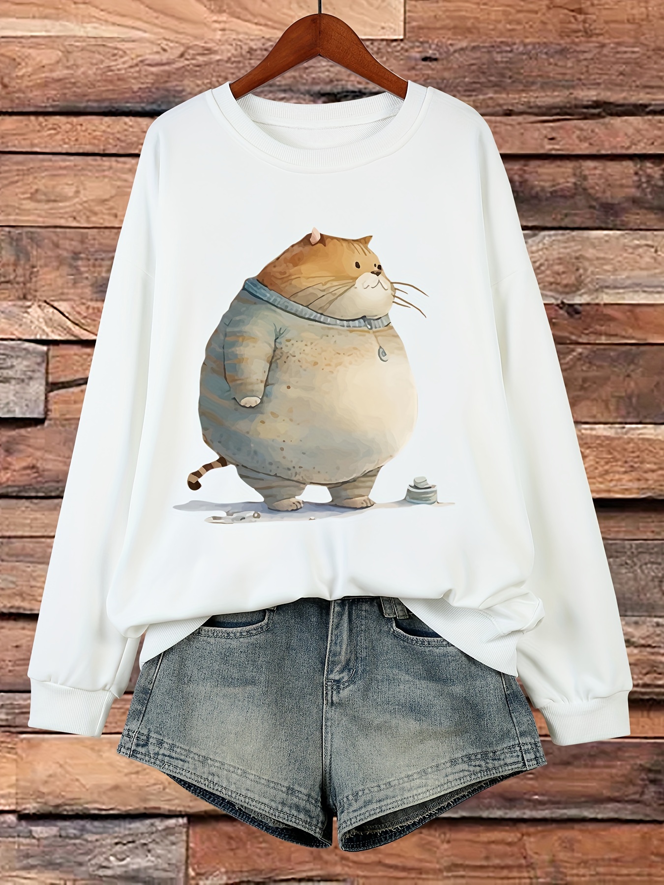 Plus Size Cat Print Sweatshirt Crew Neck Casual Sweatshirt Temu