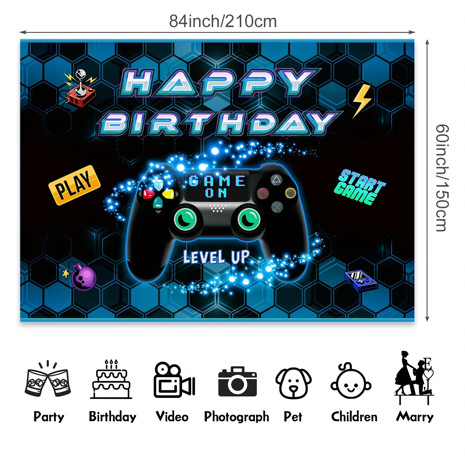 Video Game Happy Birthday Backdrop, Game On Birthday Party Backdrop Banner,  Level Up Gaming Theme Party Background, Photo Props, Video Game Party Wall Decorations  Supplies (blue), Party Decorations Supplies, Party Bunner 