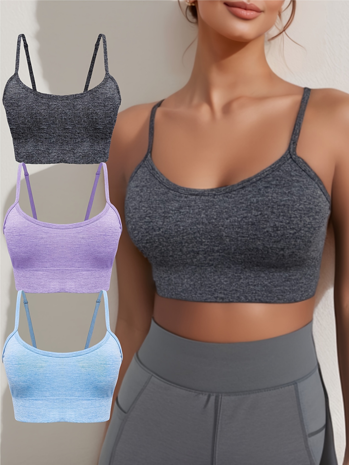 Solid Color Cami Sports Bra Round Neck Light Support - Temu