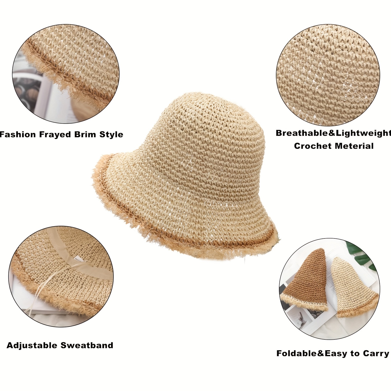 Frayed Brim Sun Hat Foldable Packable Wide Brim Floppy - Temu Canada
