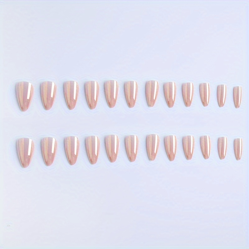 24pcs glossy short almond fake nails aurora chrome press on nails pearlescent nude color false nails for women girls details 1