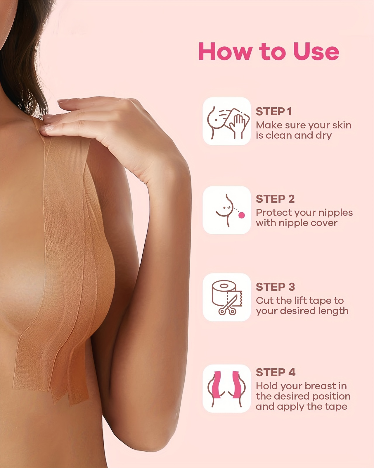 Boob Tape For Breast Lift, Achieve Chest Brace Lift & Contour Of Breasts,  Sticky Body Tape For Push Up & Shape In All Clothing Fabric Dress Types, Wat