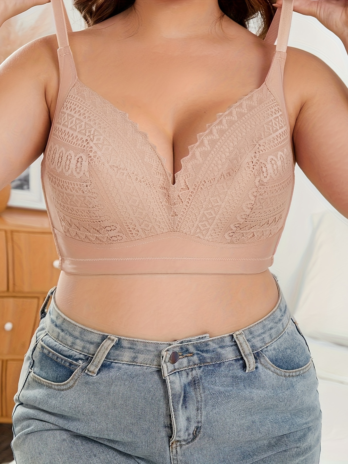 Womens Front Button Plus Size Bra Sexy Lace Wireless Underwear Vest Type  Push Up Shaping Bralette See Through Lingerie (Color : Beige, Size : Small)  at  Women's Clothing store