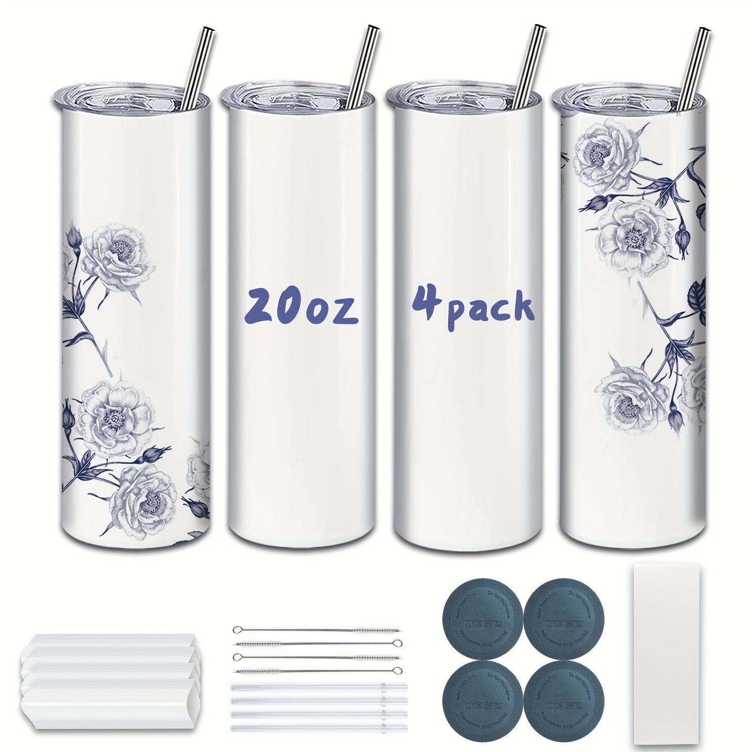 20 Oz Skinny Double Wall Stainless Steel Tumbler 4 Pack / With Straws